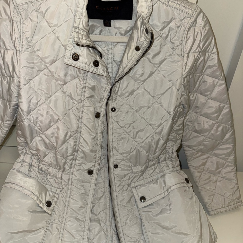 Coach Women's Shiny Quilted Cream Puffer Jacket